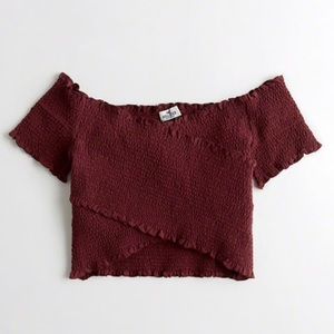 Burgundy smocked wrap off the shoulder crop top